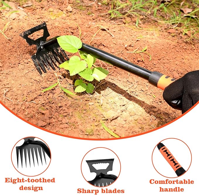 Portable Weed Removal Tool - 8-Prong Manganese Steel with Black Baked Rust-Proof Coating for Garden Lawn Farm, Non-Slip Rubber Handle