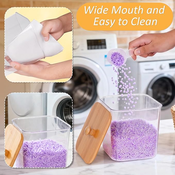efluky 4 pack Laundry Pods Container & Dryer Sheet Holder Set,Clear Laundry Room Organization Containers with Bamboo Lids and Labels,Laundry Pods Holder for Scent Booster,Powder,Pod