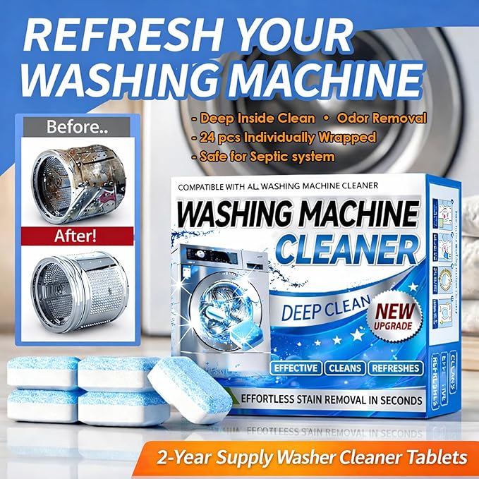 Enzyme Washing Machine Cleaner Tablets (24 Pack) – Protease Deep Clean Laundry Machine Cleaner Descaler for HE, Front Load & Top Load Washer, Removes Odor, Residue & Hard Water Buildup (2-Year Supply)