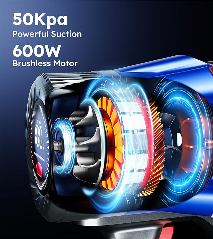 Cordless Vacuum Cleaner,Upgraded 50KPA 600W 70 Mins Stick Vacuum with Self-Standing,Touch Screen, Rechargeable, Lightweight,Anti-tangle Wireless Vacumm,Vacuum Cleaners for Home/Pet Hair/Carpets/Floors