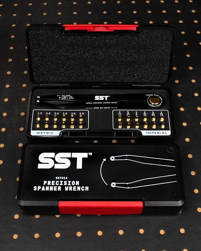 SST® - Precision Spanner Wrench – For Obscure Hardware & Fasteners – Includes 12 Metric & Imperial Steel Pin Sizes – Adjustable Tension – 160mm Arm – 180° Movement – With Storage Case
