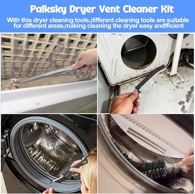 Palksky Dryer Vent Cleaner Kit, 3Pcs Dryer Cleaner Tool - Flexible Drier Vent Cleaning Brush, Lint Trap Cleaner Clip, Drier Hose Attachment, Lint Remover Cleaning Tools