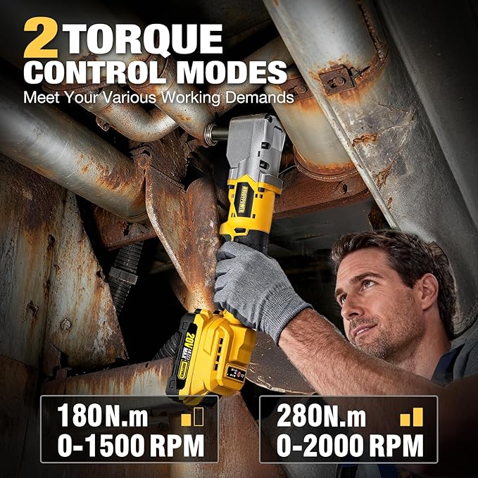 ALLOYPOWER 20V Brushless Right Angle Wrench, 207 Ft-lbs（280N.M） High Torque Cordless Power Tool with 2×2.0Ah Batteries, LED Light, 2-Speed Control, Compact 90° Design for Tight Spaces