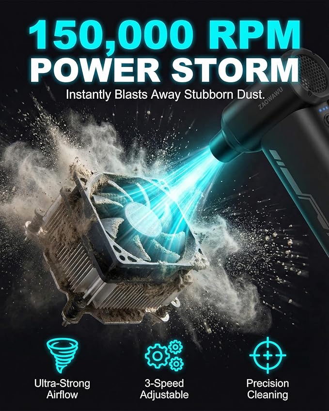 JX007 Electric Air Duster 150000RPM, Rechargeable Cordless Compressed Air Duster & Mini Blower, PC Cleaning Kit, Air Blower, Computer Cleaner for Keyboard, Car, Home, Outdoor