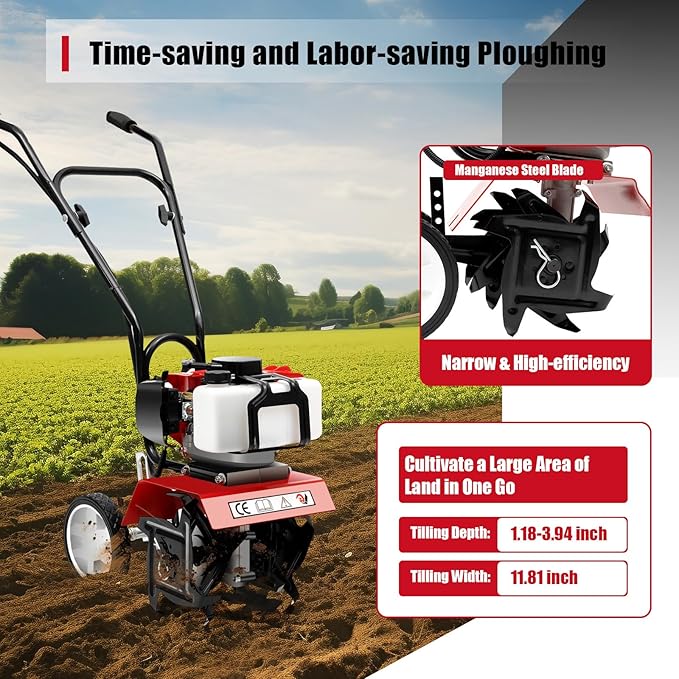 52CC Gas Powered Tiller Cultivator 2-Stroke Garden Cultivator Single-Cylinder Hand Rotary Cultivator Rototiller Garden Tool with Air-Cooling for Garden and Field Soil Cultivation 7000r/min