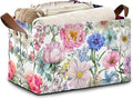 Pink Blue Flowers Storage Baskets,Floral Foldable Organizer Bin with Handles for Home Living Room Bedroom Closet Box 17x11.5x10Inch