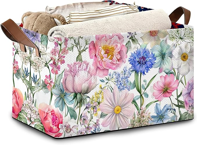 Pink Blue Flowers Storage Baskets,Floral Foldable Organizer Bin with Handles for Home Living Room Bedroom Closet Box 17x11.5x10Inch