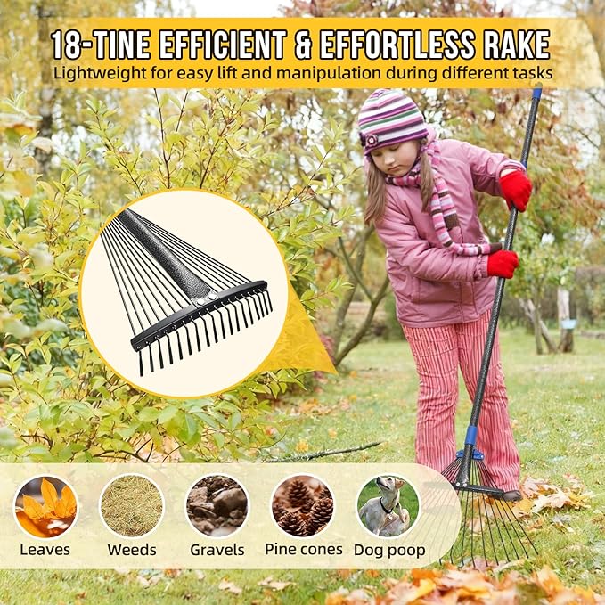 Adjustable Leaf Rake, Heavy Duty Metal Rake for Leaves, Long Handle 30"-90" with Expandable Head 8"-17", Collapsible Small Rakes for Lawns, Gardening, Yard, Camping, Shrub, Grass, Bush, Weed, Debris