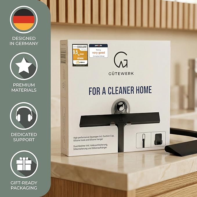 GÜTEWERK Silicone Shower Squeegee for Glass Doors & Mirrors with Stainless Steel Core, Streak-Free & No-Squeak Window Cleaning, 3-in-1 No-Drill Mount (Hook/Suction/Adhesive),Black, 11 Inches