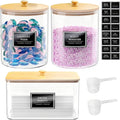 2+1 Pack Glass Laundry Pods Container & Acrylic Dryer Sheet Holder, Clear Laundry Room Organization Containers with Bamboo Lids & Labels, Powder Laundry Detergent Container for Scent Booster, Powder