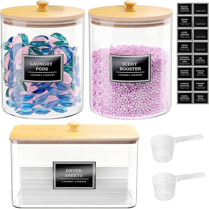 2+1 Pack Glass Laundry Pods Container & Acrylic Dryer Sheet Holder, Clear Laundry Room Organization Containers with Bamboo Lids & Labels, Powder Laundry Detergent Container for Scent Booster, Powder