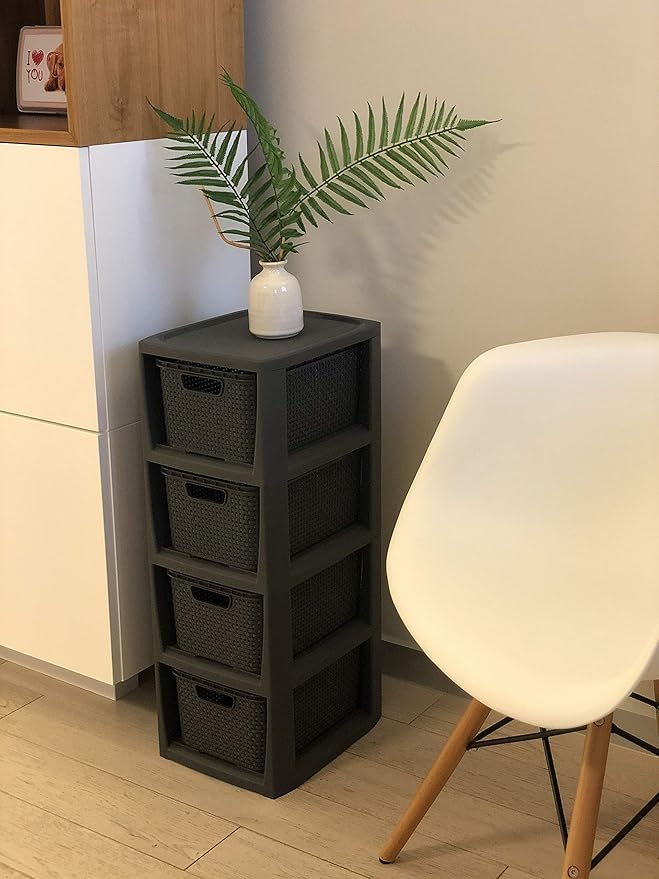 BranQ - Home Essential Rattan Design Shelving Unit Plastic, Anthracite, 29.5 x 24 x 64.2 cm