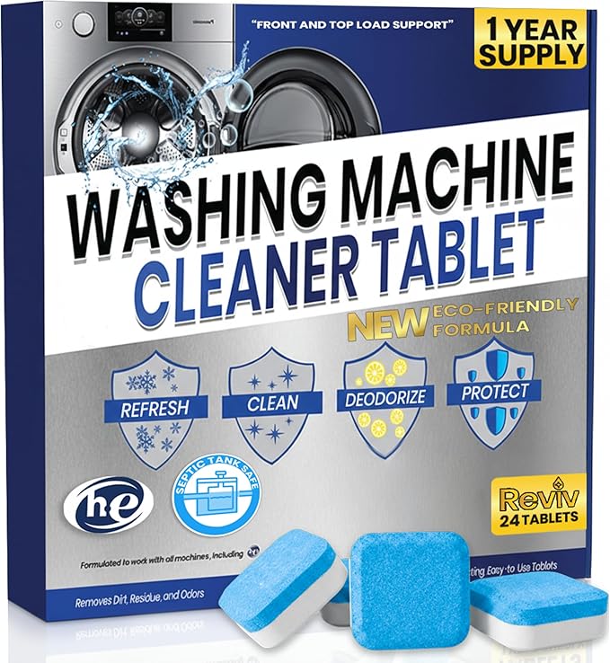 REVIV Washing Machine Cleaner Tablets – HE Compatible Descaler, 24 Count (12-Month Supply) – Septic-Safe for Front & Top Load Washers