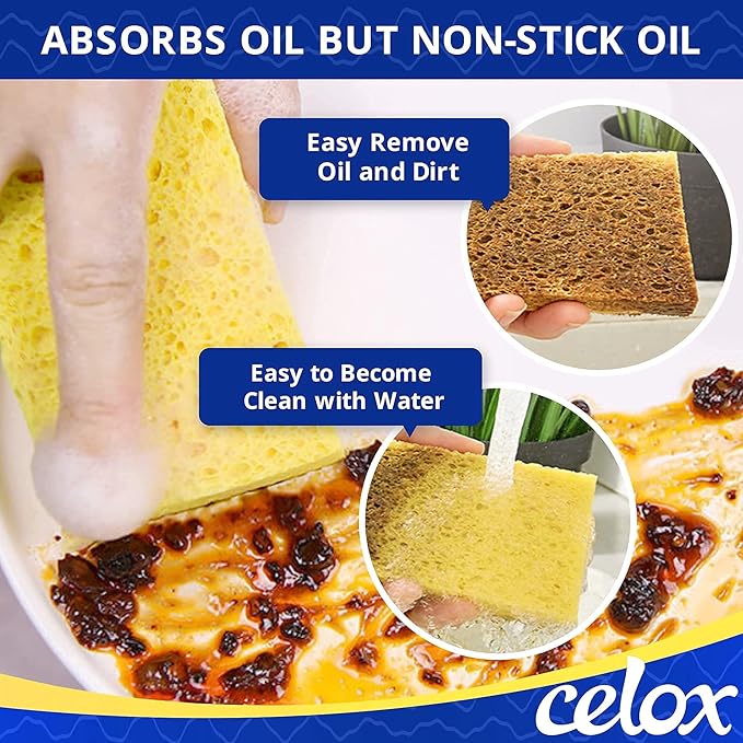 CELOX 24 Pack Durable Kitchen Sponges, Natural Wood Pulp Sponges for Dishes, Absorbent Cellulose Sponge Bulk for Cleaning Kitchen, Bathroom, DIY for Kids, 4.3" x 2.6" x 0.5"