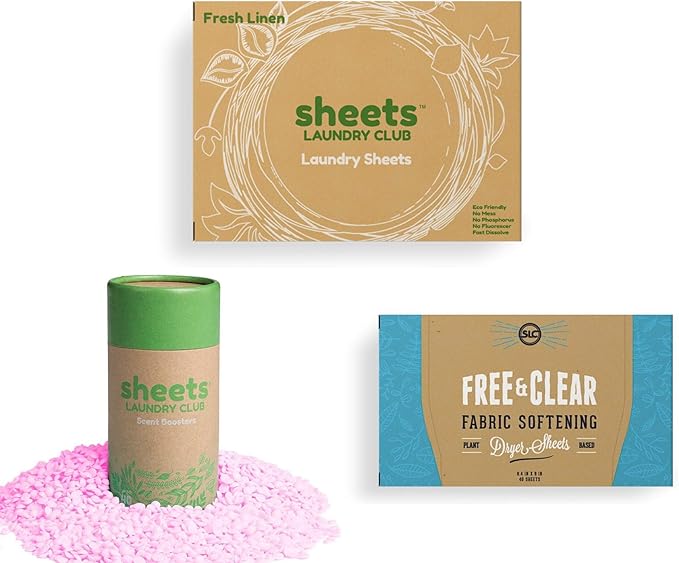 Sheets Laundry Club Bundle - 50 Pack (up to 100 loads) Fresh Linen Detergent Sheets, 40 Pack Free & Clear Dryer Sheets & 8 Oz. Uncharted Waters Scent Booster - New Liquidless Technology