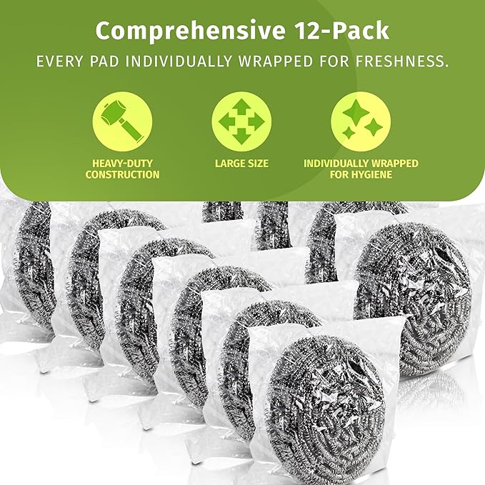Stainless Steel Scouring Pads - 12 Pack - Steel Wool Scrubbers for Pots, Pans, Dishes & Grills
