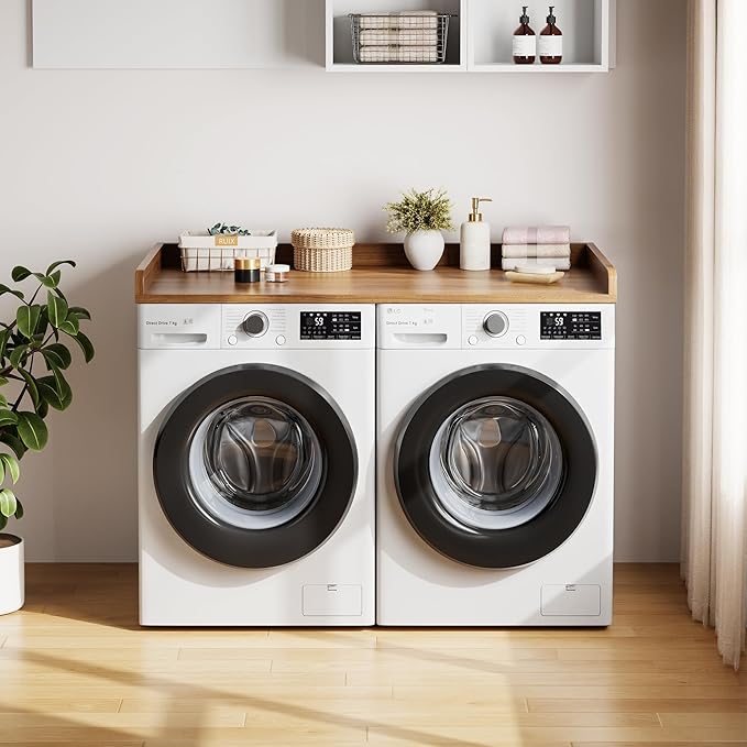 Washer Dryer Countertop, 54.3" x 27.6" Wooden Laundry Countertop with Edge Rails, Washer and Dryer Topper for Laundry Room Organization and Storage