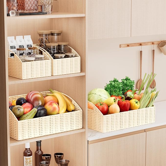 Ollieroo Rattan Storage Baskets, Handwoven Wicker Storage Bins with Built-in Handles, Storage Container Baskets for Shelves, Bedroom, Bathroom, Laundry Room or Kitchen(Beige)