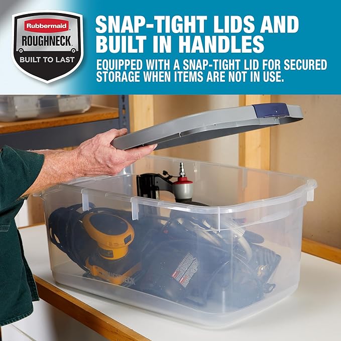 Rubbermaid Roughneck Clear 50 Qt/12 Gal Storage Containers, Pack of 5 with Latching Grey Lids, Visible Base, Sturdy and Stackable, Great for Storage and Organization