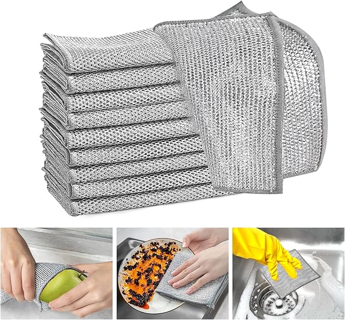 XANGNIER 10 Pcs Multipurpose Wire Dishwashing Rags for Wet and Dry,2024 New Multifunctional Non-Scratch Wire Dishcloth,Wire Cleaning Cloth,Non Scratching Metal Wire Rag for Kitchen,Counter,Dishes,Sink