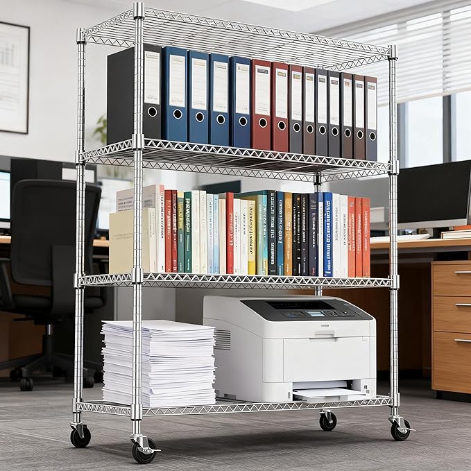 M MZG 1400LBS 47.2" W 4 Tiers Storage Shelves Metal Shelving Unit with Wheels Heavy Duty Garage Shelving Adjustable Wire Shelves for Pantry,Kitchen,Garage,Basement,Chrome 17.7" D x 47.2" W x 62.6" H