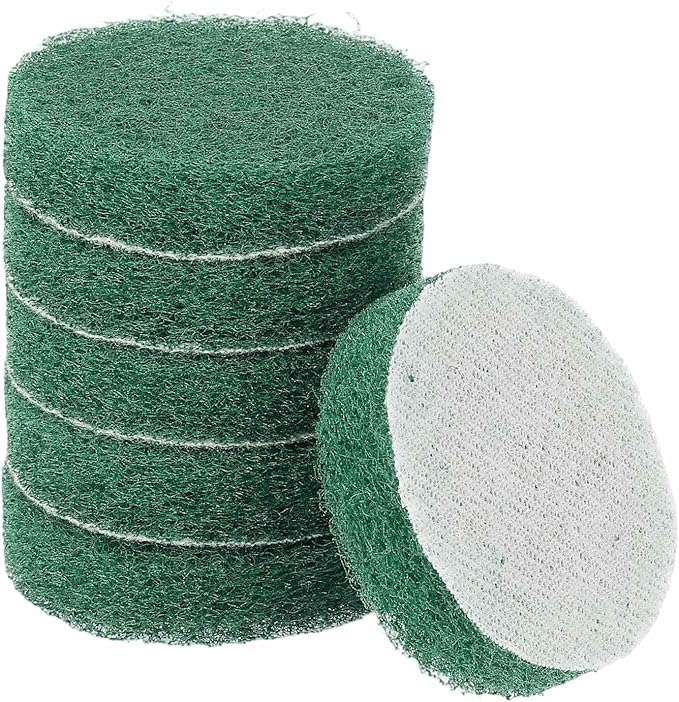 HARFINGTON 6pcs Scrubber Scouring Pads 180 Grits 2 Inch Drill Power Brush Hoop and Loop Surface Conditioning Disc Drill Scuffing Disc Scrub Pads for Home Kitchen Cleaning, Green