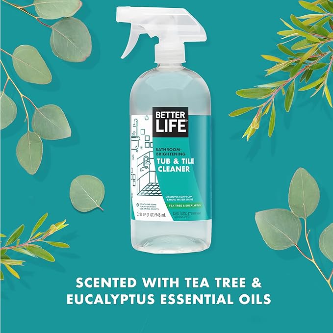 BETTER LIFE Bathroom Cleaner - Tea Tree Bathtub & Shower Cleaner Spray for Glass and Tile - Foaming Mold and Mildew Remover for Tub Works on Hard Water Stains - 1 Gal Refill