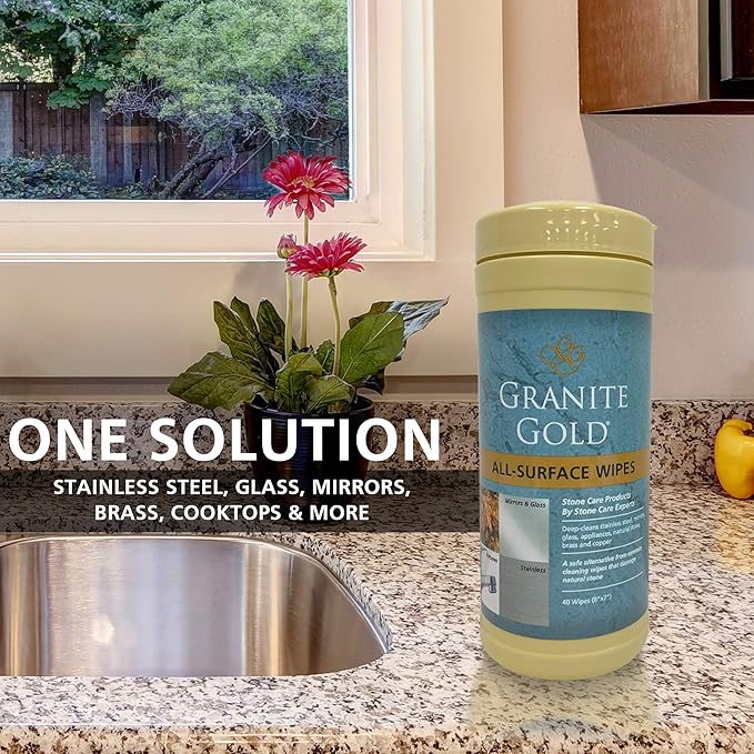 Grantie Gold All-Surface Cleaning Wipes, Deep-Cleans Stainless Steel, Mirrors, Glass, Appliances, Natural Stone, Brass, & Copper, Safe on Food-Prep Surfaces, Streak-Free, 40 Pre-Moistened Wipes