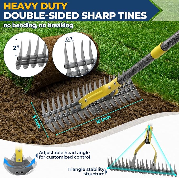 Thatch Rake, 51" Heavy Duty Metal Dethatcher Rake with 15" Wide Double-Edged Sharp Tines Thatch Rakes for Lawns,Dead Grass Removal,Soil Loosening,Lawn Care, Dethatching,Yard,Garden