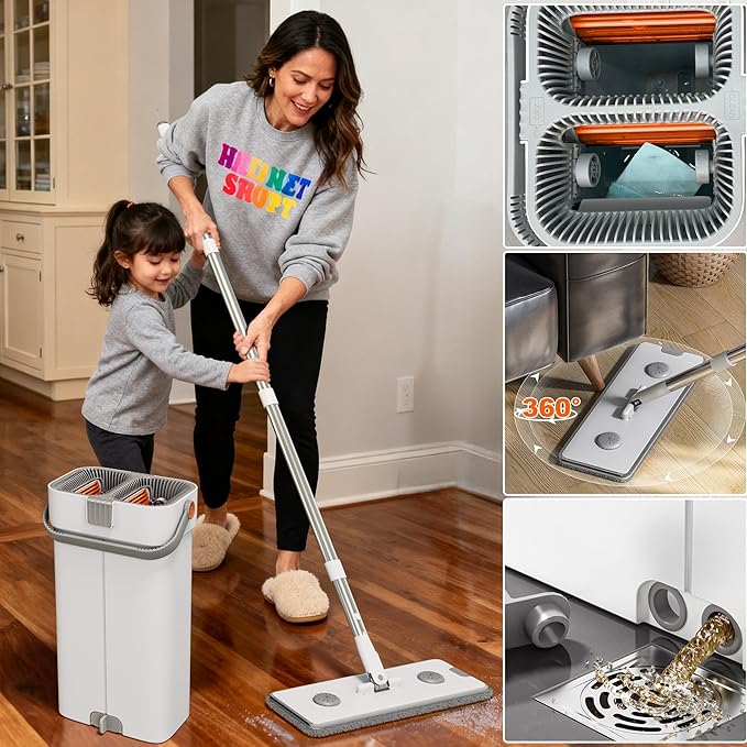 CTIME Large Mop and Bucket Set, Flat Mop and Bucket System, Wall Mop with Adjustable Handle (Max 70.87 Inches), Mops for Floor Cleaning, 6 Washable 15.74'' Microfiber Mop Pads
