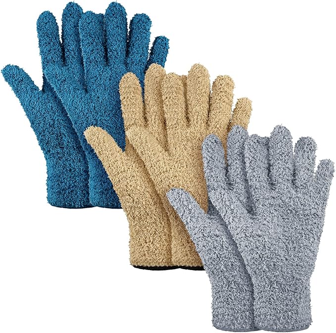 Patelai 3 Pairs Microfiber Plant Dusting Gloves Leaf Cleaning Gloves for Indoor Plants, Blinds, Furniture, House (Dark Blue,Gray,Khaki,Large)