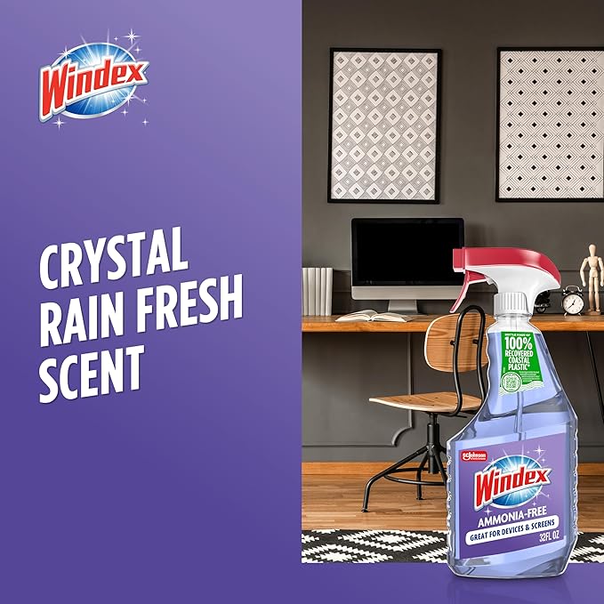 Windex Glass and Window Cleaner Spray Bottle, Ammonia Free, Packaging Designed to Prevent Leakage and Breaking, Crystal Rain Scent, 32 Fl Oz