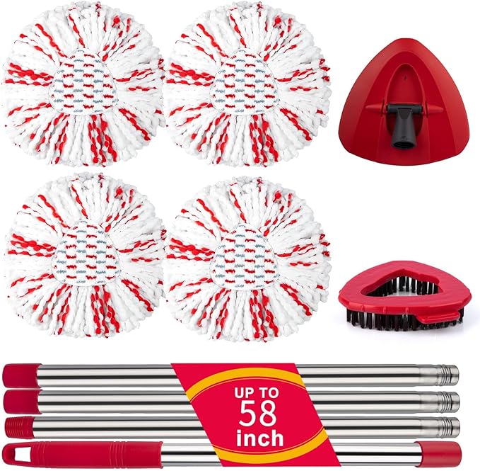 Spin Mop Replacement Head for O Cedar 1 Tank EasyWring, 40% More Cleaning Power, Upgraded Scrub Brush, 4 Microfiber Mop Refills, 1 Brush, 1 Mop Stick, 1 Base