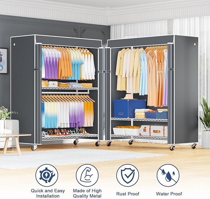 ULIFHOME P8C Max Heavy Duty Clothes Rack（With Extended Width Design） Rolling Clothing Racks for Hanging Clothes with Lockable Wheels，51.2" W x 15.8" D x 80.5" H，Load 700LBS，White Rack with Grey Cover