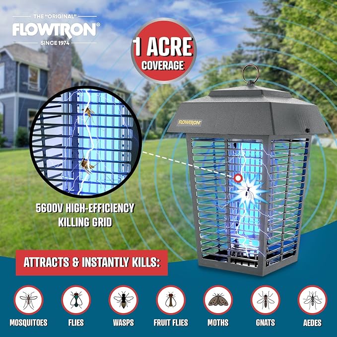 Flowtron Bug Zapper, 1 Acre of Outdoor Coverage with Powerful 40W Bulb & 5600V Instant Killing Grid, Electric Insect, Fly & Mosquito Zapper, Made in The USA - Grey Color