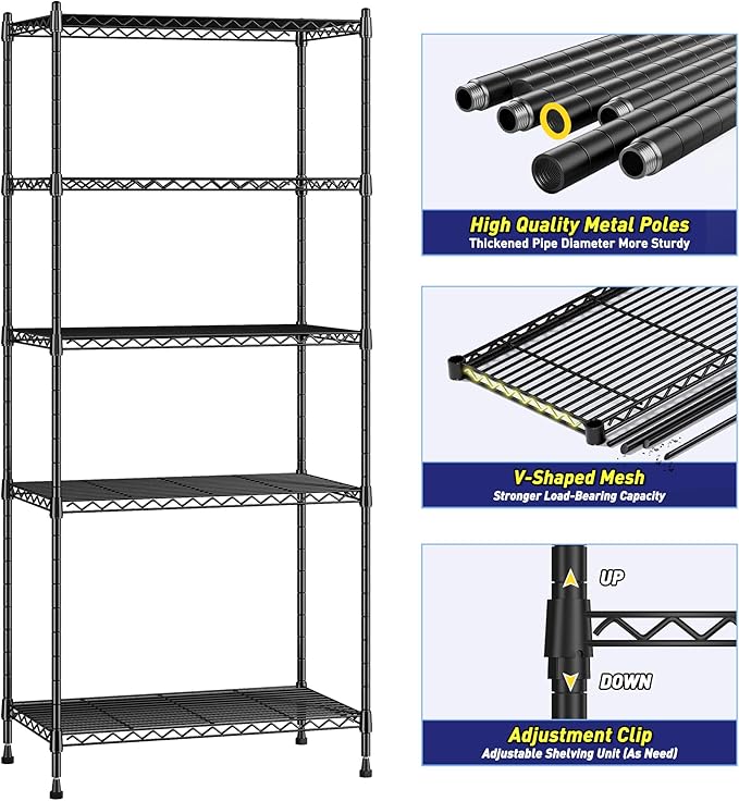 Romorgniz 5-Tier Shelf 1010LBS Storage Shelves Adjustable Wire Shelving Metal Shelving Unit Storage Rack for Kitchen Pantry Closet Laundry School Commercial 59.4" Hx21.5 W x13.6 D