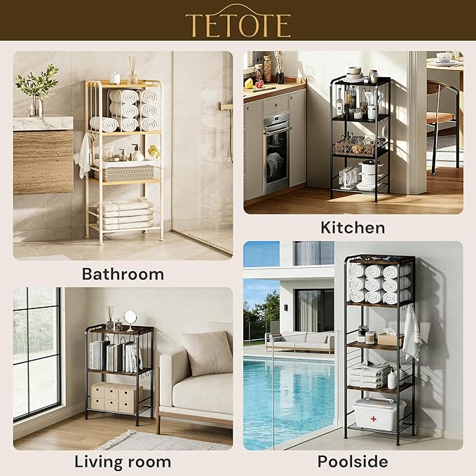 TETOTE 5-Tier Towel Storage for Bathroom Free Standing Towel Rack with M-Shaped Detachable Dividers& Hooks, Pool Towel Organizer Shelf Black