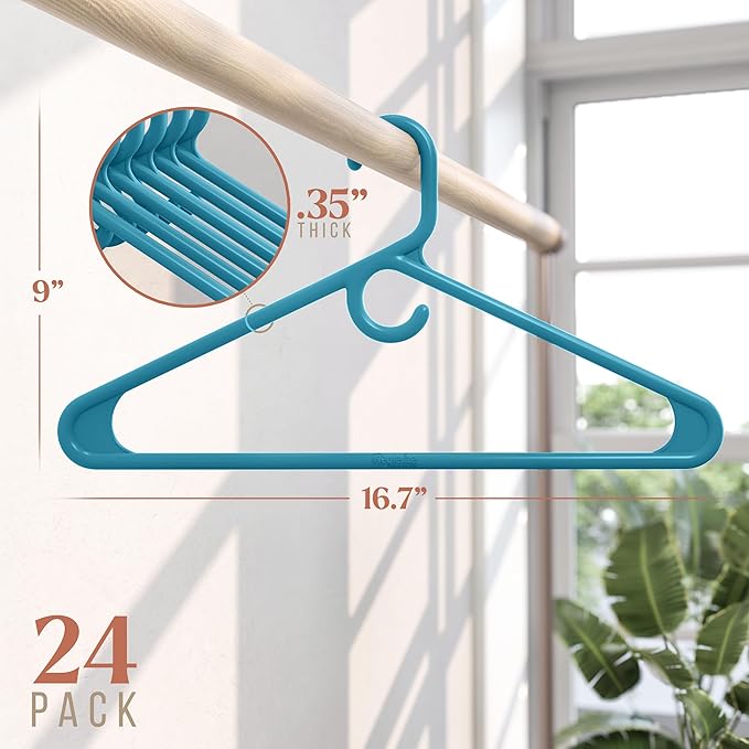 NEATERIZE Thick Heavy Duty Hangers - Blue Plastic Clothes Hangers 24 Pack - Great for Coat Hanger, Jackets Jeans & Suit Hanger for Closet - New Apartment Essentials Percheros Ganchos para Colgar Ropa
