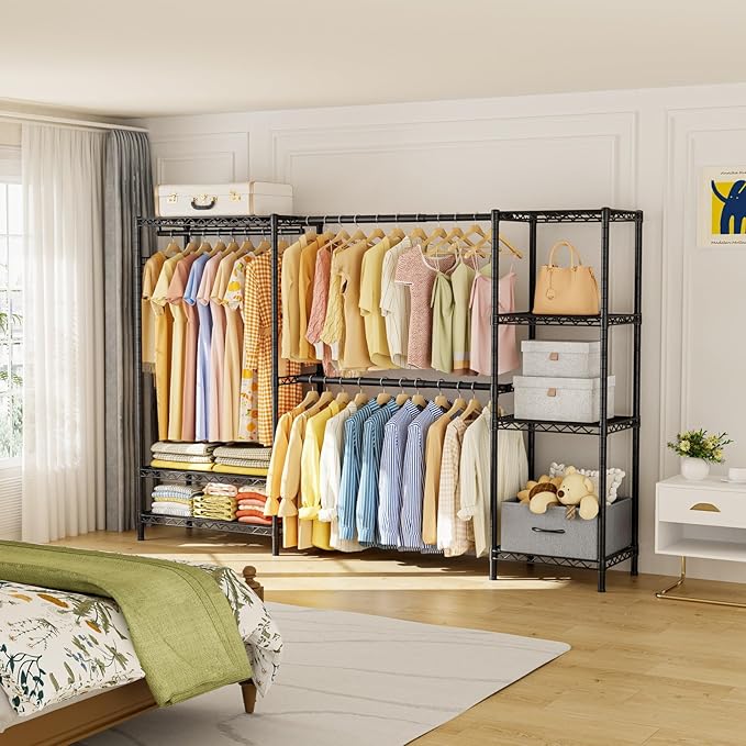 Golpart Coat Rack Clothes Wardrobe：Closet Organizer and Storage Clothing Garment Rack with Shelves Heavy Duty for Hanging Clothes Portable Adjustable Black 15.8" Dx(70-88.5)" Wx76.5 H