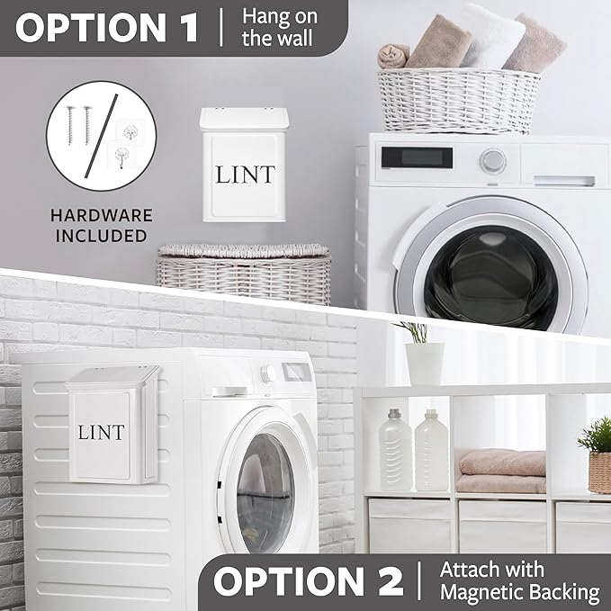 Calindiana Modern Farmhouse Metal Magnetic Lint Bin with Lid and Laundry Room Organization and Storage Wall Mount Space Saving Washer and Dryer Trash Can (White (LINT Brush Set))