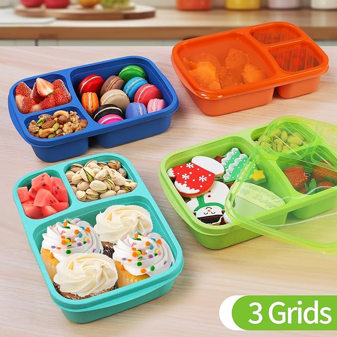 buluker 4 Pack Bento Lunch Box Set 3 Compartment Wheat Straw Meal Prep Food Storage Containers Plastic, Microwave and Dishwasher Safe（Jewel Brights）