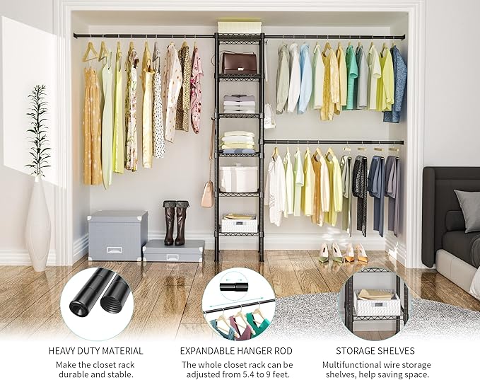 Ulif M1 Closet Storage Organizer System, 6 Tiers Heavy Duty Metal Garment Rack with 3 Expandable Hanger Rods, Wall Mounted Space Saver Suits from 5.4-8.7 ft. Width, 71.2”H x 14”D, 700LBS, Black