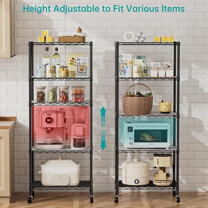 SINGAYE 5 Shelf Storage Wire Shelves Closet Bathroom Organizers Metal Pantry Kitchen Garage Shelving Unit Laundry Room Organization Home Narrow Rack Net Basket with Wheels Black