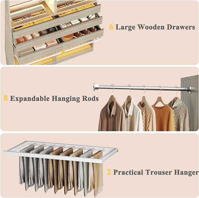 Closet System Set of 2, 5.7-10.4FT Closet Organizer System with 6 Wood Drawers & LED Glasstop, Wood Walk-in Closet with 10 Hanging Rods & 2 Trouser Rack, Built-in Garment Rack with Shelves, White Oak