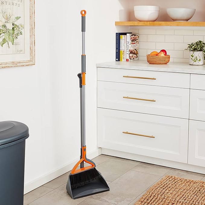 Casabella Quick 'n Easy Upright Broom and Dustpan Set, Gray/Orange, Multi-Surface for Tile, Wood & Laminate Floors