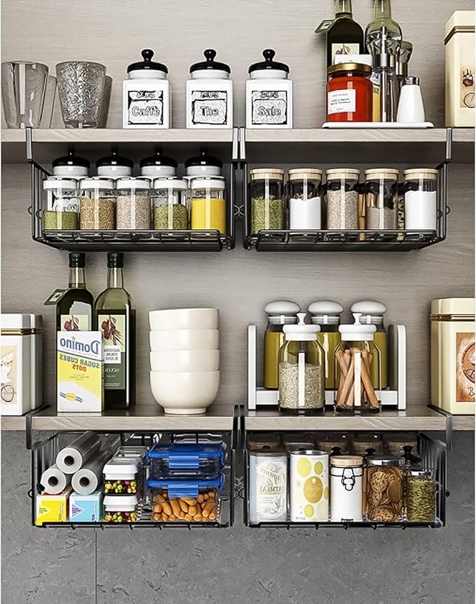 Under Shelf Basket Storage 2Pack - 11.8in Metal Under Cabinet Shelf, Hanging Wire Basket Shelves, Undershelf Storage Basket for Kitchen Pantry Bookshelf