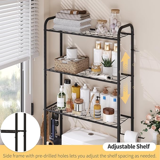 Over The Toilet Storage,3-Tier Heavy Duty Metal Bathroom Organizer, Freestanding Space Saver with Wide Shelves for Towels & Toilet Paper (Black)