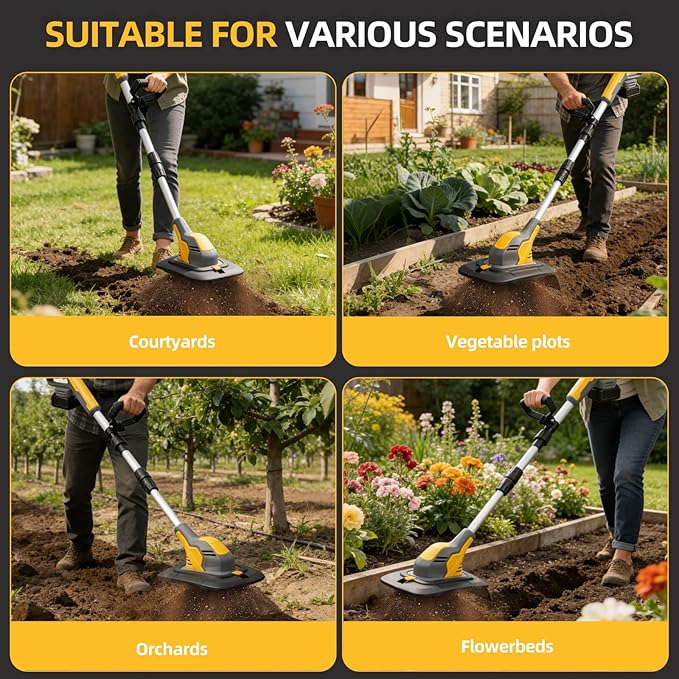 Electric Garden Tiller Cultivator, Cordless Rototiller for Gardening with 2X4.0Ah Batteries & Charge & LCD Display, 9-Inch Tilling Width, 6.6-Inch Depth Tiller for Soil Cultivation, Weeding
