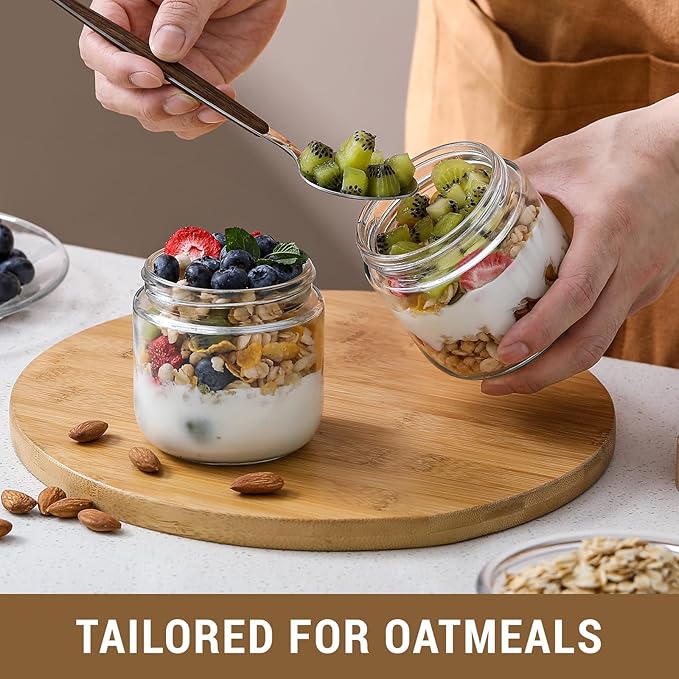 NETANY 4-pack 8oz Glass jars with Airtight Lids, Overnight Oats Containers with Bamboo Lids, Wide mouth Mason Salad jars, Glass Food Storage Containers for Snacks Yogurt Spice Sugar
