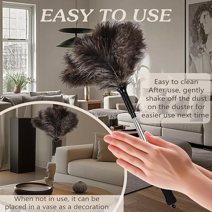 Telescopic Ostrich Feather Duster, 59-inch Naturally Fluffy Long-Handled Feather Duster, Soft, Durable and Reusable for Cleaning high Ceilings, Walls, Fans, Furniture and Blinds in The Home Office